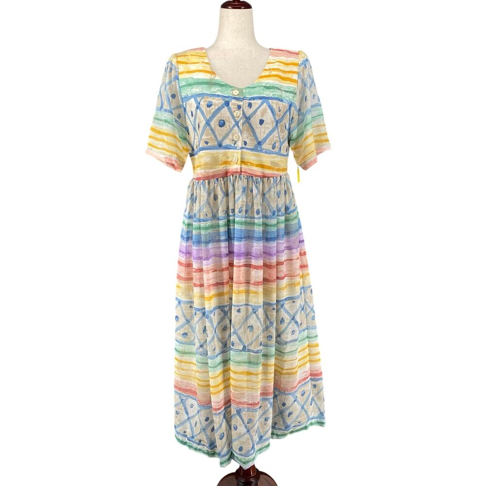 Vtg‎ NOS 90s Two Potato Artsy Watercolor A Line Midi Dress M Petite Sheer Pastel